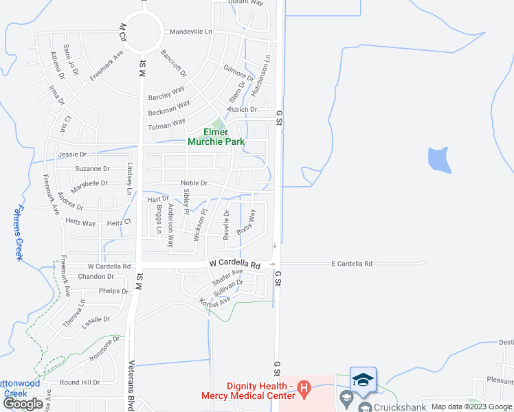 map of restaurants, bars, coffee shops, grocery stores, and more near 4394 Bixby Way in Merced