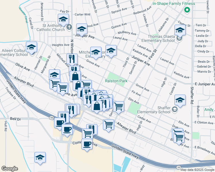 map of restaurants, bars, coffee shops, grocery stores, and more near 1289 Elm Avenue in Atwater