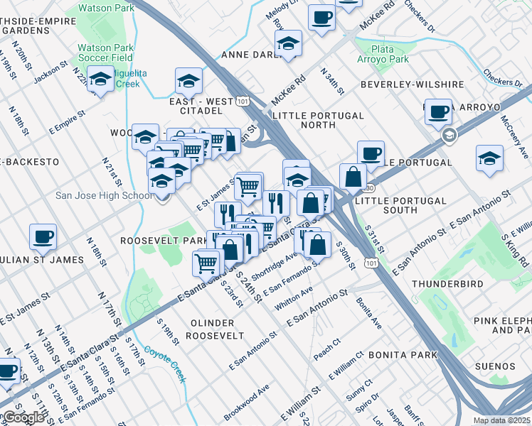 map of restaurants, bars, coffee shops, grocery stores, and more near 80 North 27th Street in San Jose