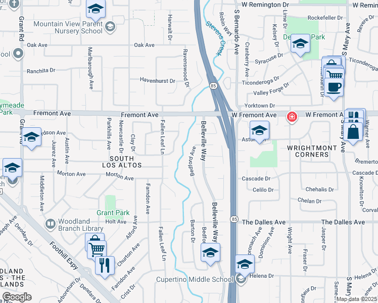 map of restaurants, bars, coffee shops, grocery stores, and more near 1357 Bedford Avenue in Sunnyvale