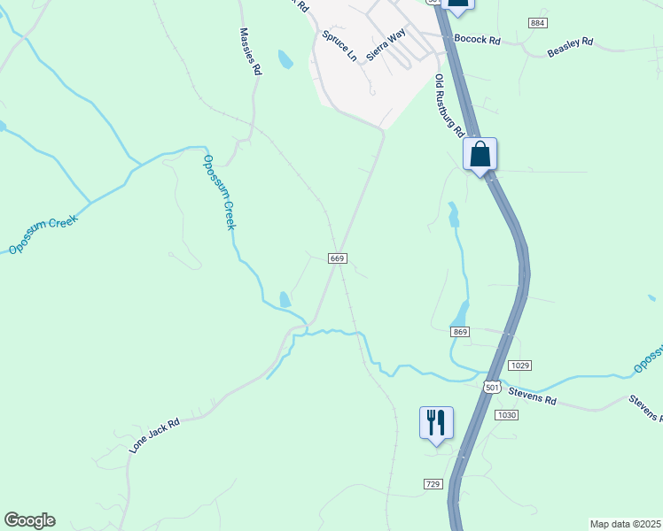 map of restaurants, bars, coffee shops, grocery stores, and more near 1832 Lone Jack Road in Lynchburg