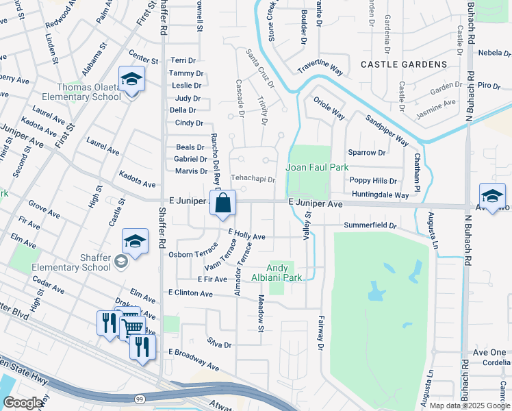 map of restaurants, bars, coffee shops, grocery stores, and more near 540 East Juniper Avenue in Atwater
