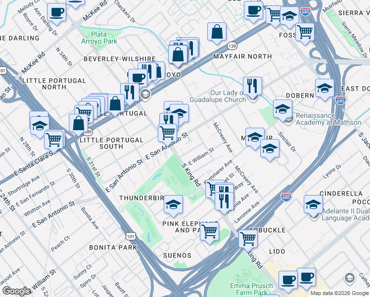 map of restaurants, bars, coffee shops, grocery stores, and more near 219 San Antonio Place in San Jose