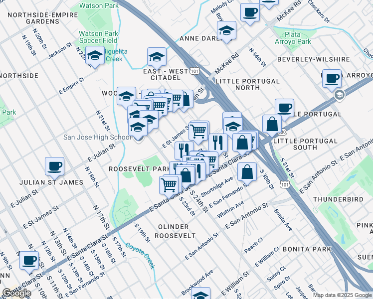 map of restaurants, bars, coffee shops, grocery stores, and more near 124 North 26th Street in San Jose