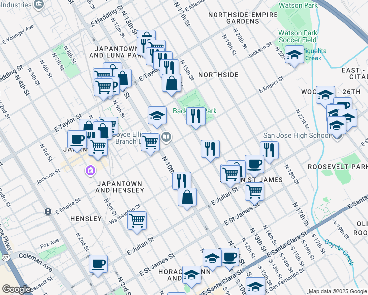 map of restaurants, bars, coffee shops, grocery stores, and more near 489 North 12th Street in San Jose
