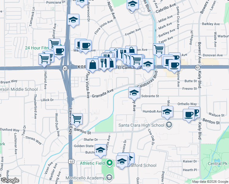 map of restaurants, bars, coffee shops, grocery stores, and more near 3388 Granada Avenue in Santa Clara