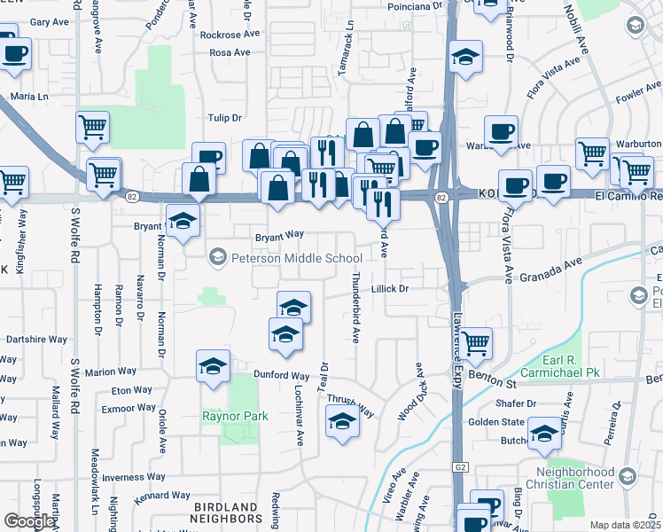 map of restaurants, bars, coffee shops, grocery stores, and more near 1357 Sprig Court in Sunnyvale
