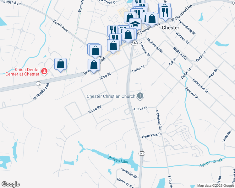 map of restaurants, bars, coffee shops, grocery stores, and more near 12409 Buckingham Street in Chester