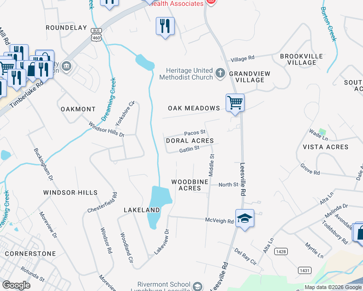 map of restaurants, bars, coffee shops, grocery stores, and more near 116 Pacos Street in Lynchburg