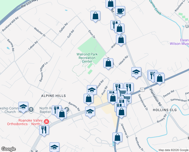 map of restaurants, bars, coffee shops, grocery stores, and more near 7628 Deer Branch Rd in Roanoke