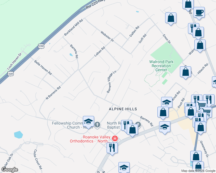 map of restaurants, bars, coffee shops, grocery stores, and more near 1007 Barrens Village Court in Hollins