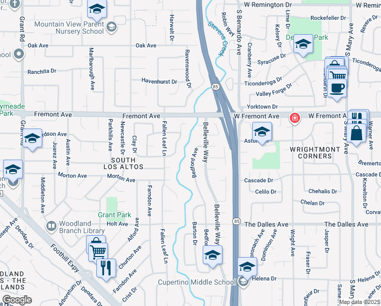 map of restaurants, bars, coffee shops, grocery stores, and more near 1357 Bedford Avenue in Sunnyvale