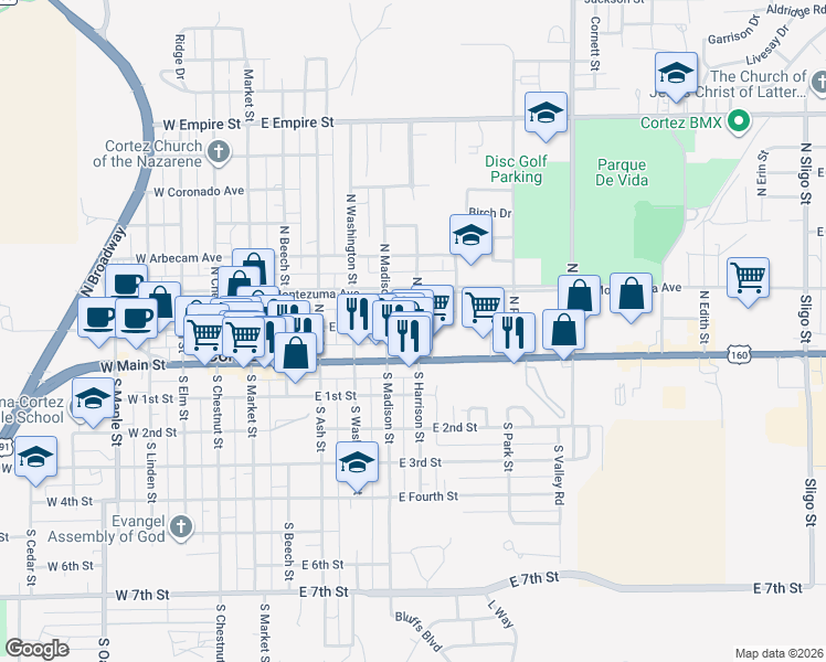 map of restaurants, bars, coffee shops, grocery stores, and more near 103 North Harrison Street in Cortez