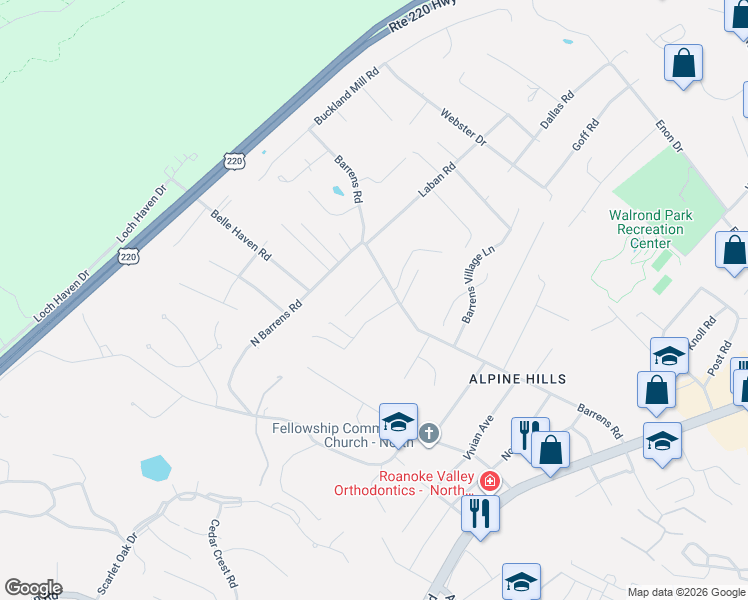 map of restaurants, bars, coffee shops, grocery stores, and more near 8114 Barrens Rd in Roanoke