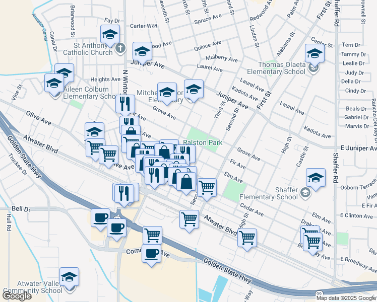 map of restaurants, bars, coffee shops, grocery stores, and more near 1285 Elm Avenue in Atwater