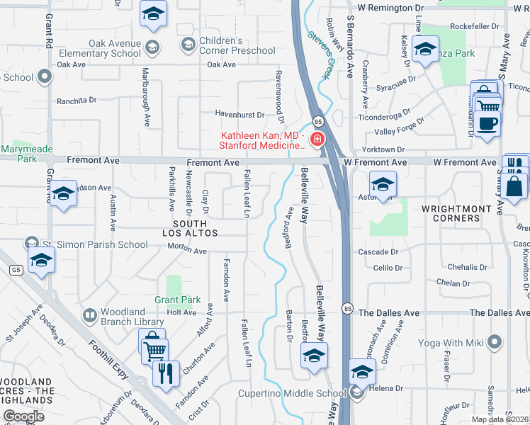 map of restaurants, bars, coffee shops, grocery stores, and more near 1705 Christina Drive in Los Altos