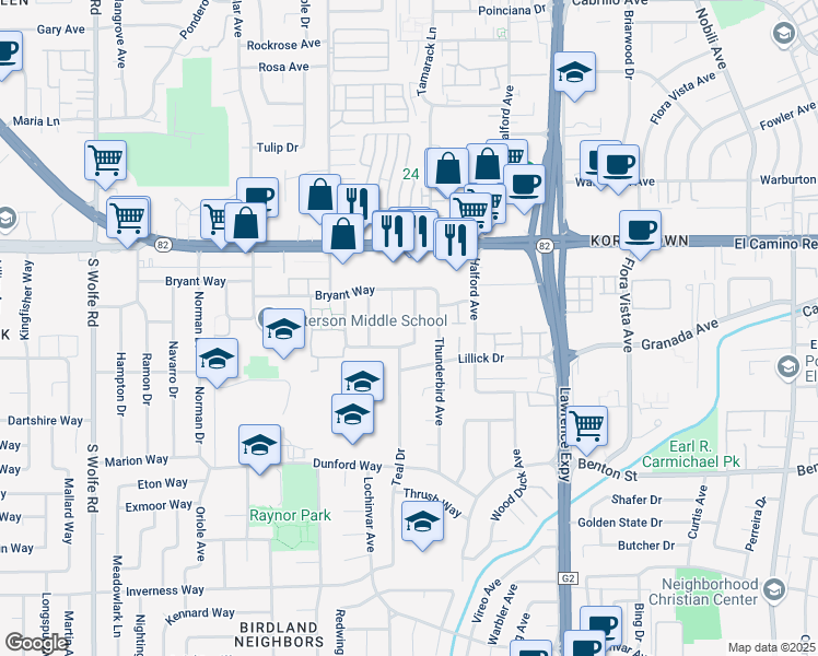 map of restaurants, bars, coffee shops, grocery stores, and more near 1357 Sprig Court in Sunnyvale