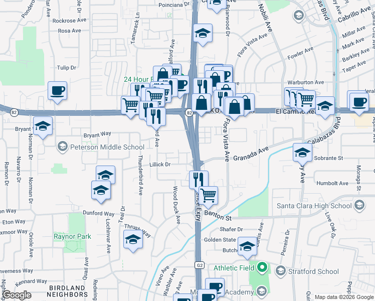 map of restaurants, bars, coffee shops, grocery stores, and more near 3625 Brach Way in Santa Clara