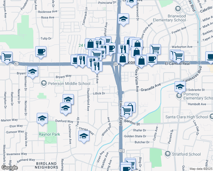 map of restaurants, bars, coffee shops, grocery stores, and more near 3707 Adriatic Way in Santa Clara