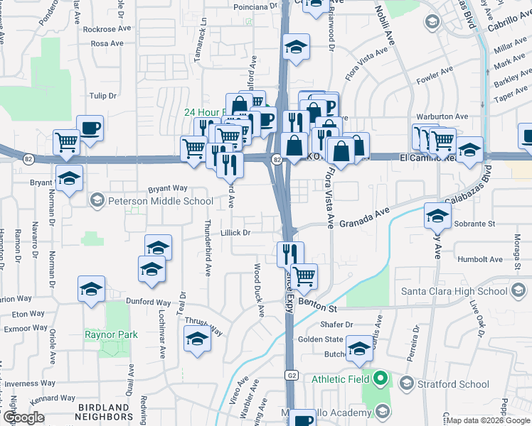 map of restaurants, bars, coffee shops, grocery stores, and more near 3605 Brach Way in Santa Clara