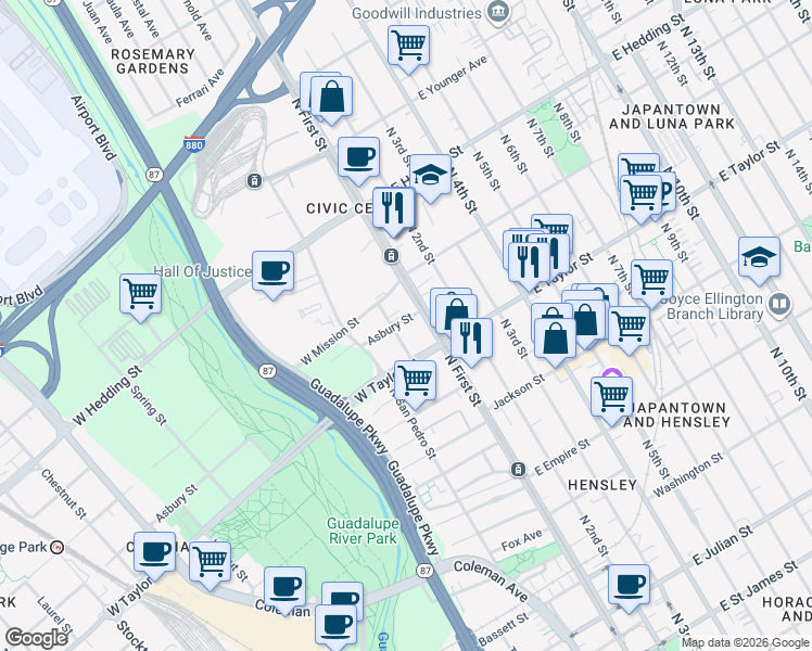map of restaurants, bars, coffee shops, grocery stores, and more near 85 Asbury Street in San Jose