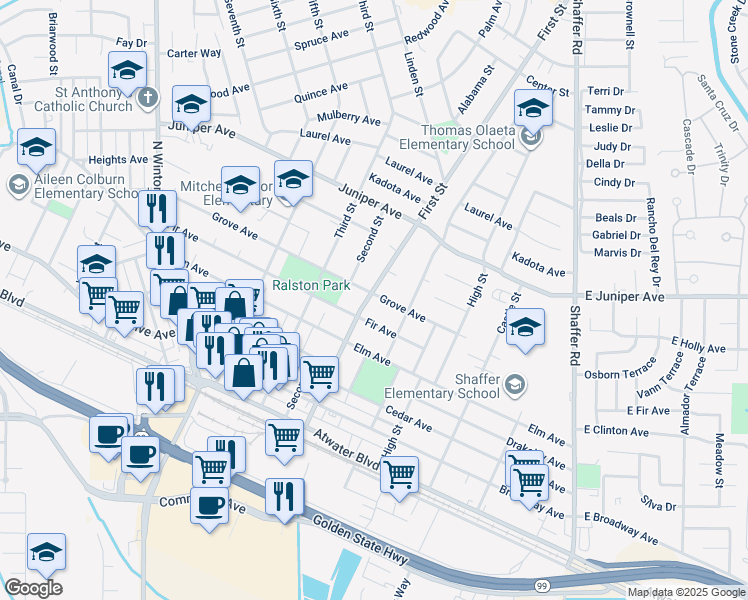map of restaurants, bars, coffee shops, grocery stores, and more near 1600 First Street in Atwater
