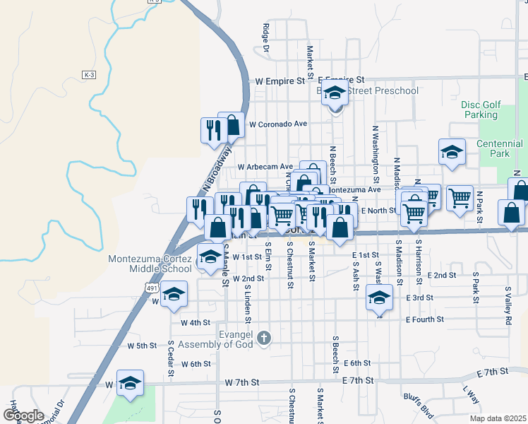 map of restaurants, bars, coffee shops, grocery stores, and more near 121 North Elm Street in Cortez