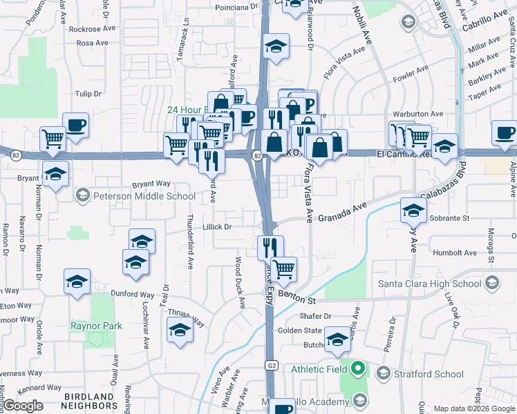 map of restaurants, bars, coffee shops, grocery stores, and more near 3605 Brach Way in Santa Clara