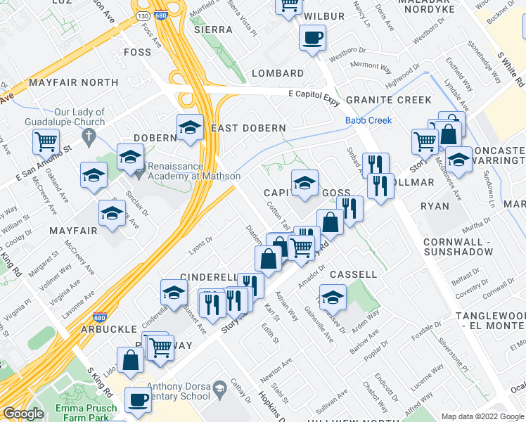 map of restaurants, bars, coffee shops, grocery stores, and more near 836 South Jackson Avenue in San Jose