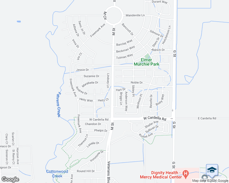 map of restaurants, bars, coffee shops, grocery stores, and more near 4397 Mathias Way in Merced