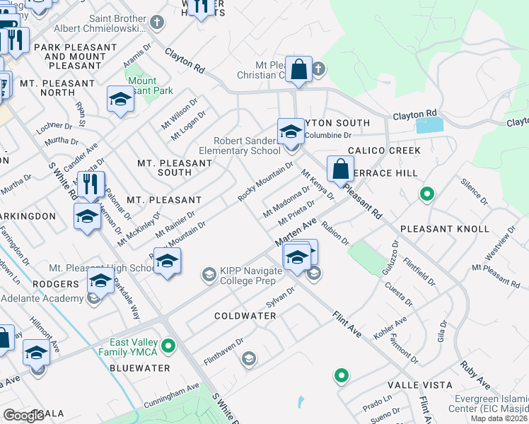 map of restaurants, bars, coffee shops, grocery stores, and more near 1738 Mount Rushmore Drive in San Jose