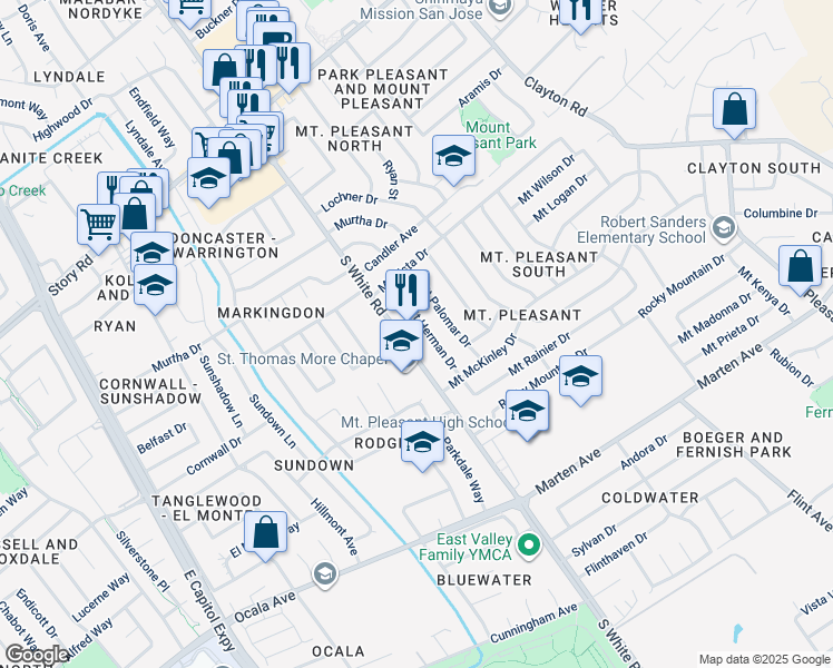 map of restaurants, bars, coffee shops, grocery stores, and more near 1502 Mount Herman Drive in San Jose