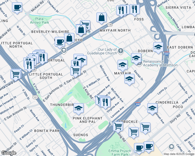 map of restaurants, bars, coffee shops, grocery stores, and more near 240 Lynette Way in San Jose