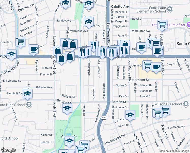 map of restaurants, bars, coffee shops, grocery stores, and more near 1357 Loyola Drive in Santa Clara