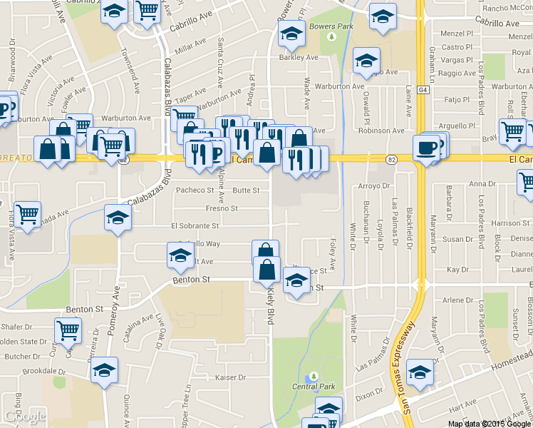 map of restaurants, bars, coffee shops, grocery stores, and more near 2853 Fresno Street in Santa Clara