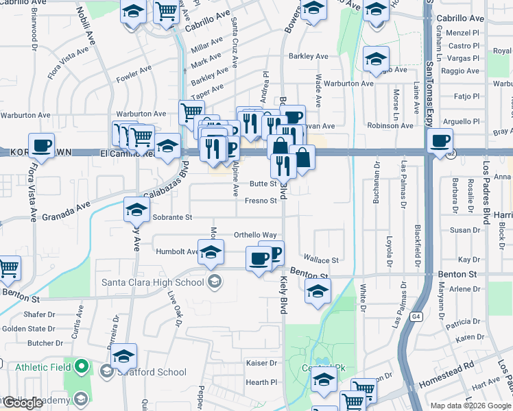 map of restaurants, bars, coffee shops, grocery stores, and more near 2920 Fresno Street in Santa Clara