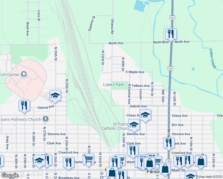 map of restaurants, bars, coffee shops, grocery stores, and more near 2001 Felix Avenue in Parsons