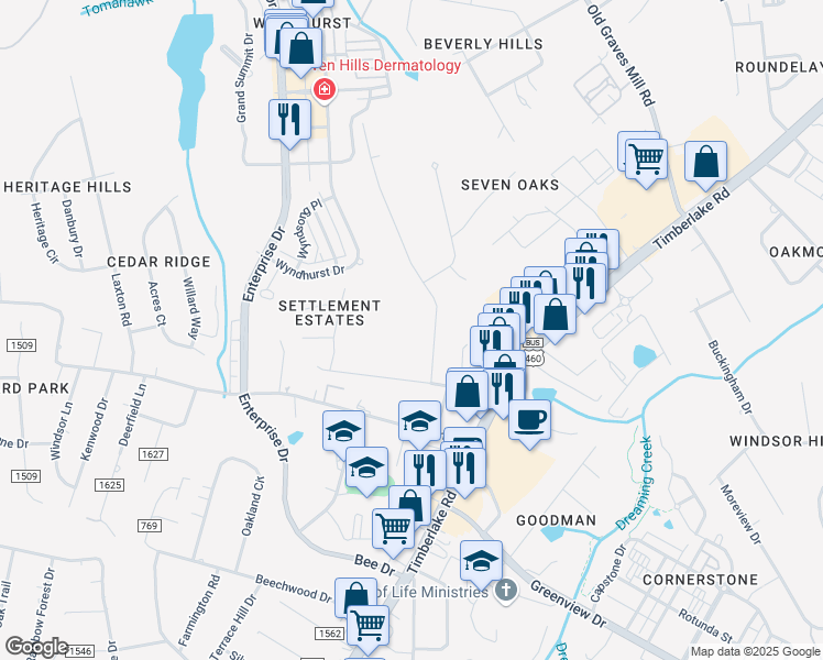 map of restaurants, bars, coffee shops, grocery stores, and more near 1202 Wood Road in Lynchburg