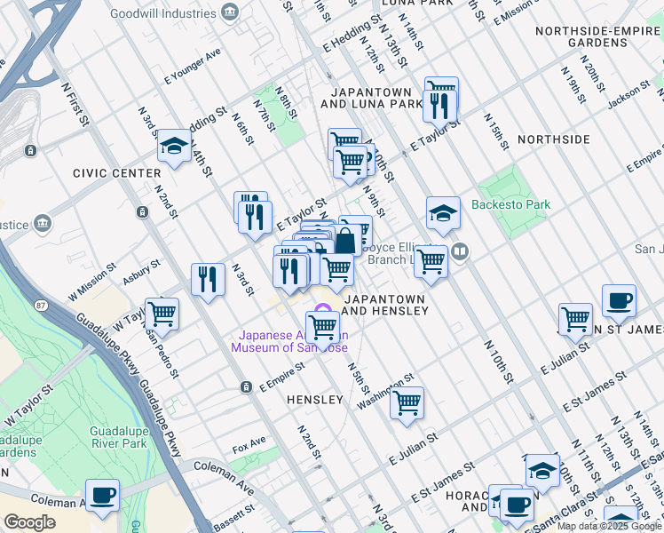 map of restaurants, bars, coffee shops, grocery stores, and more near 299 Jackson Street in San Jose