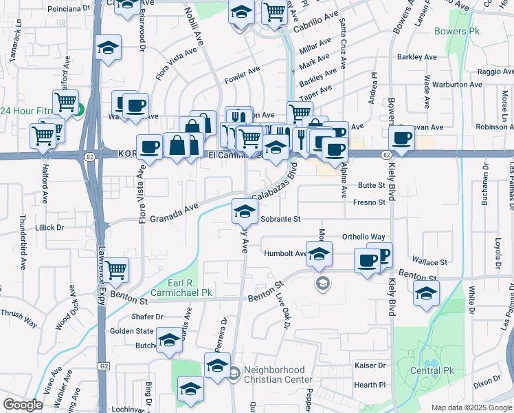 map of restaurants, bars, coffee shops, grocery stores, and more near 1355 Calabazas Court in Santa Clara
