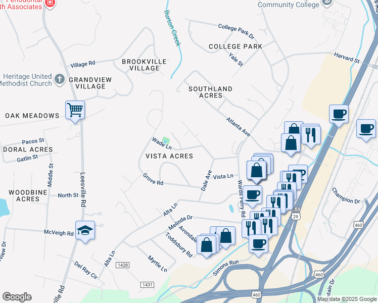 map of restaurants, bars, coffee shops, grocery stores, and more near 107 Wade Lane in Lynchburg