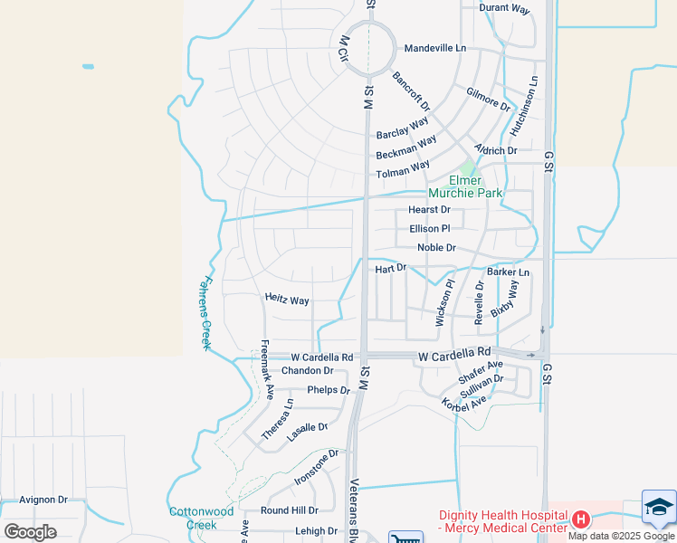 map of restaurants, bars, coffee shops, grocery stores, and more near 4420 Pickworth Court in Merced