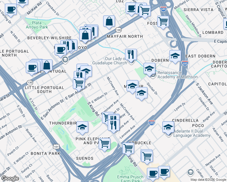 map of restaurants, bars, coffee shops, grocery stores, and more near 255 McCreery Avenue in San Jose