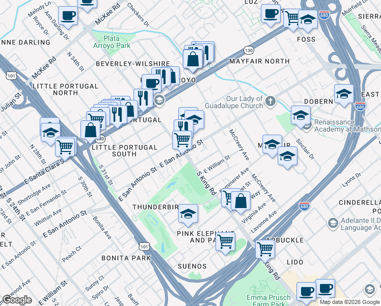 map of restaurants, bars, coffee shops, grocery stores, and more near 198 South King Road in San Jose