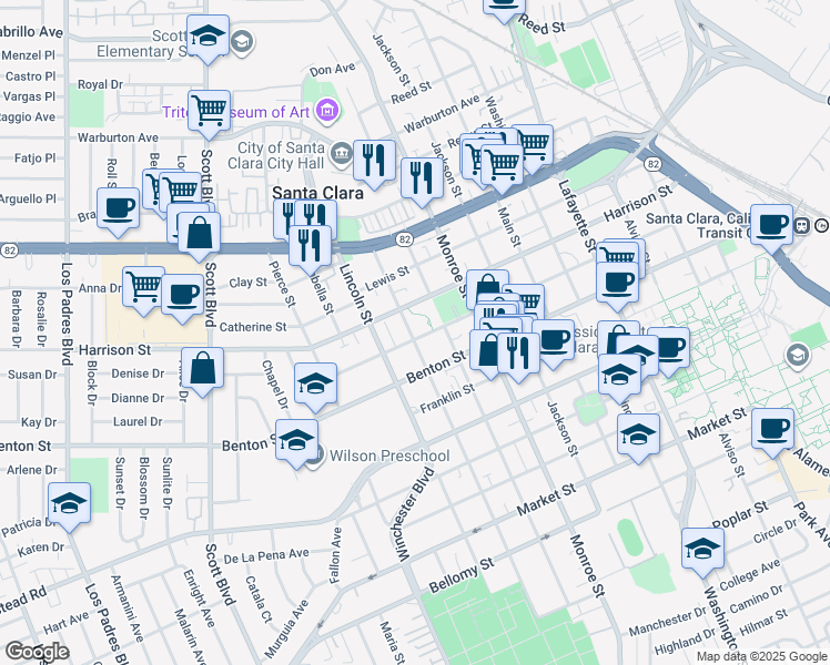map of restaurants, bars, coffee shops, grocery stores, and more near 1245 Jefferson Street in Santa Clara