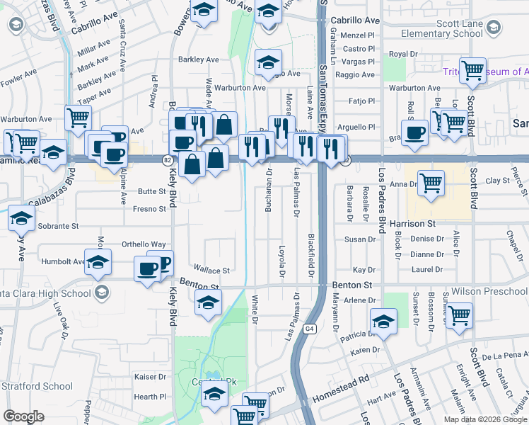 map of restaurants, bars, coffee shops, grocery stores, and more near 1339 White Drive in Santa Clara