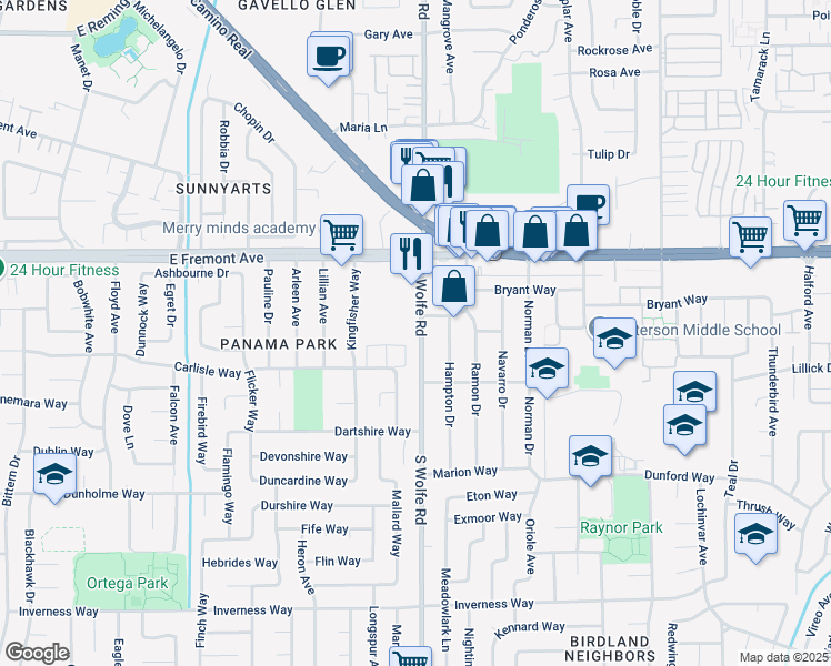 map of restaurants, bars, coffee shops, grocery stores, and more near 1331 South Wolfe Road in Sunnyvale