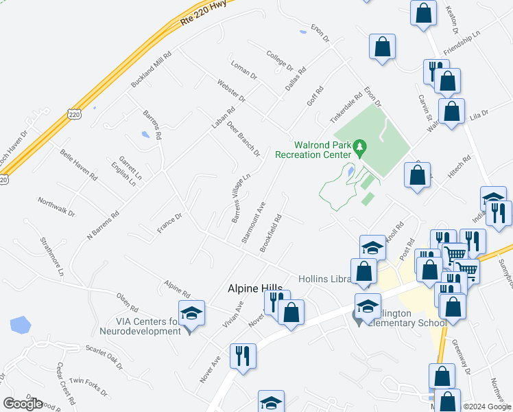 map of restaurants, bars, coffee shops, grocery stores, and more near 961 Starmount Avenue in Hollins