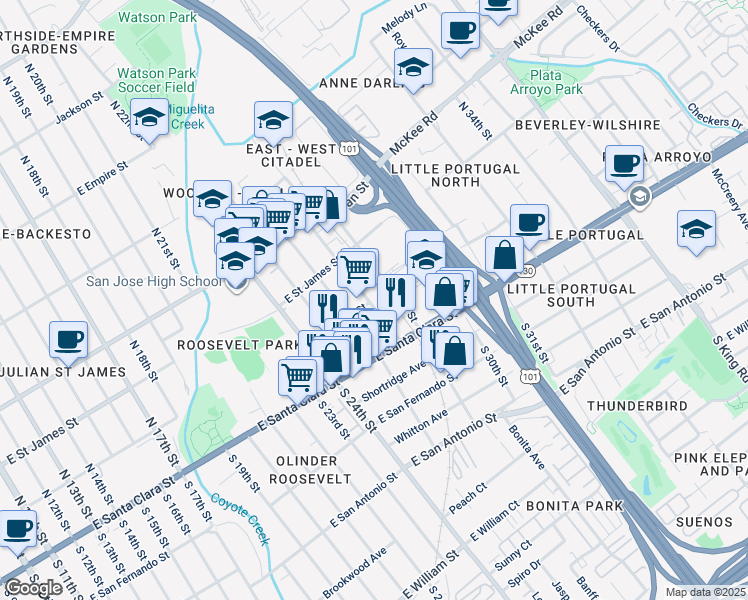 map of restaurants, bars, coffee shops, grocery stores, and more near 80 North 27th Street in San Jose