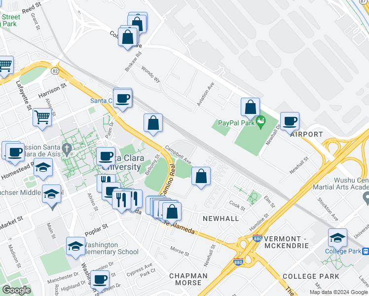 map of restaurants, bars, coffee shops, grocery stores, and more near 1260 Campbell Avenue in San Jose